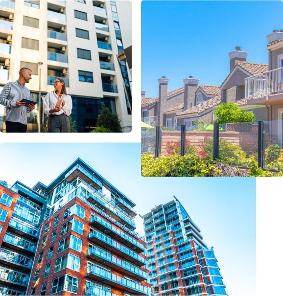 Modern apartment buildings and suburban houses collage.