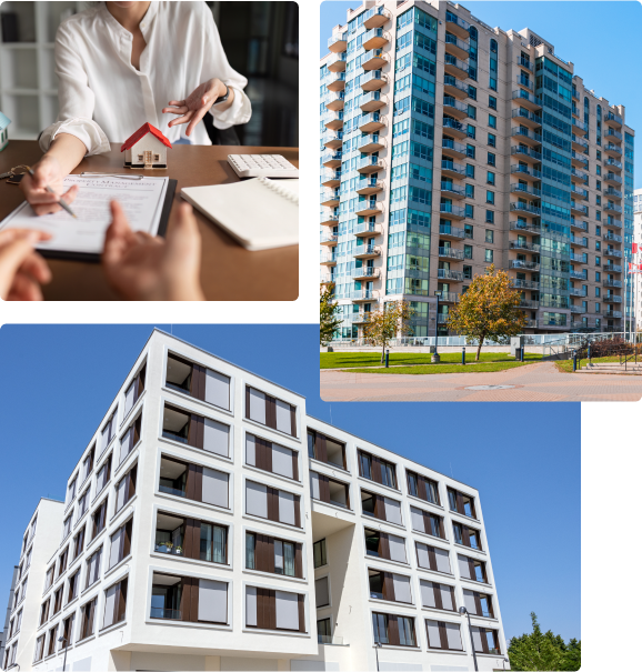 Real estate discussion and modern apartment buildings.